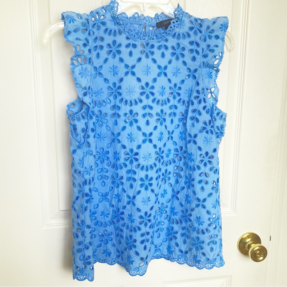 J. Crew Sleeveless Mockneck Top in Periwinkle Blue Embroidered Eyelet - Size S